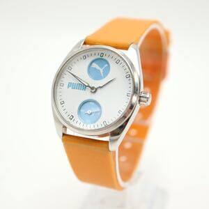 Puma Womens Blue White Sport Small Seconds Watch 29mm Orange Resin w New Battery
